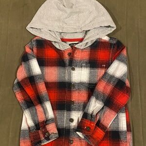 OshKosh B'gosh Red and Gray Plaid Button Down Shirt with Hood